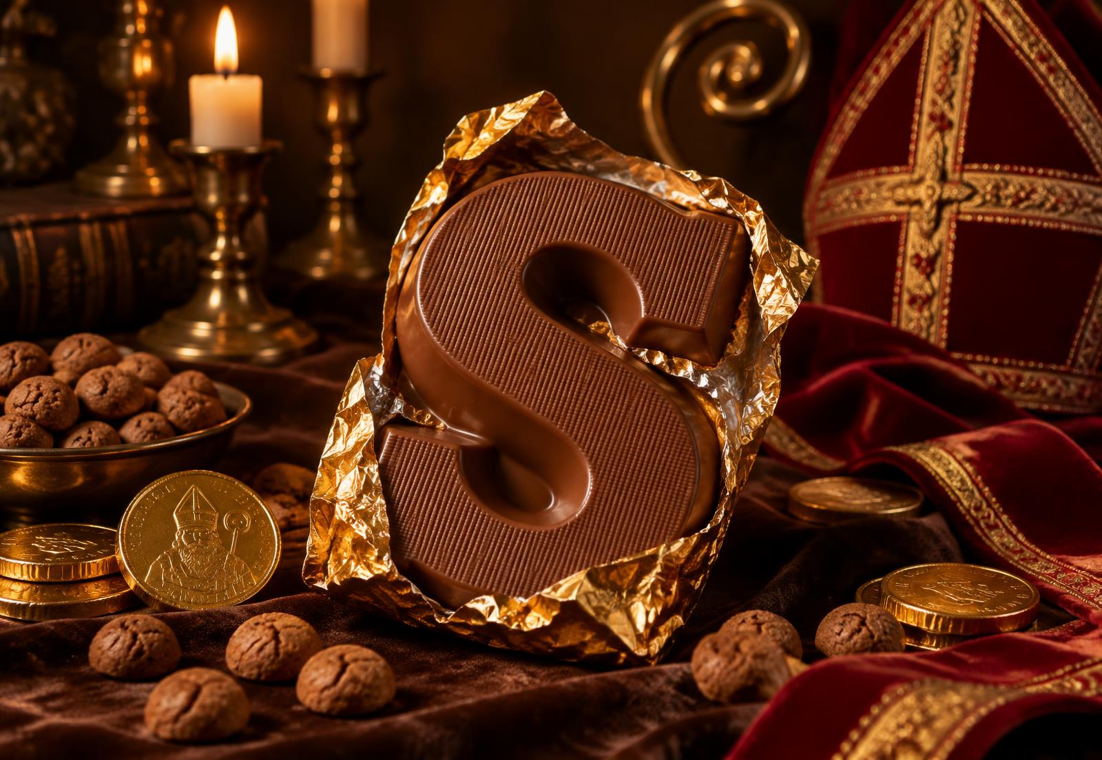 Massieve chocoladeletter S in goudfolie tussen pepernoten en een mijter